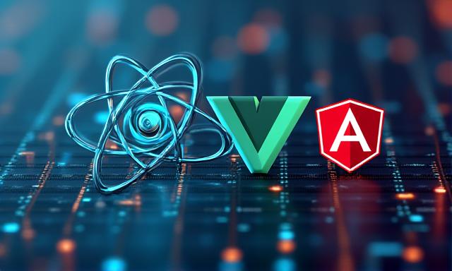 Сравнение логотипов React, Vue и Angular на технологическом фоне